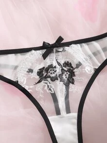 SHEIN 两件套女士浪漫内衣套装，薄纱刺绣网纱系带性感装 - 黑與白 - 查看 5
