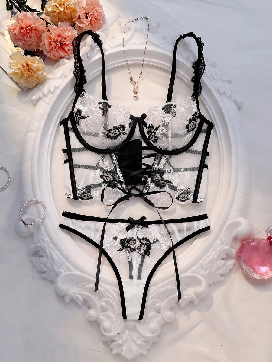 SHEIN 两件套女士浪漫内衣套装,薄纱刺绣网纱系带性感装 - 黑與白 - 查看 1