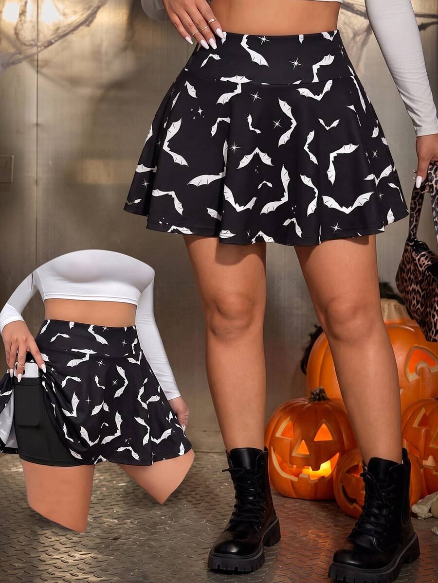 Muchica Plus Size Women's All-Over Print Casual Daily Skorts With Pockets Fall - Black - View 1