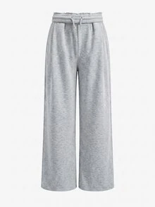 Kids Tween Girl Knitted Light Gray Loose Casual Versatile Drawstring Pocket Wide Leg Sweatpants - Multicolor - View 2