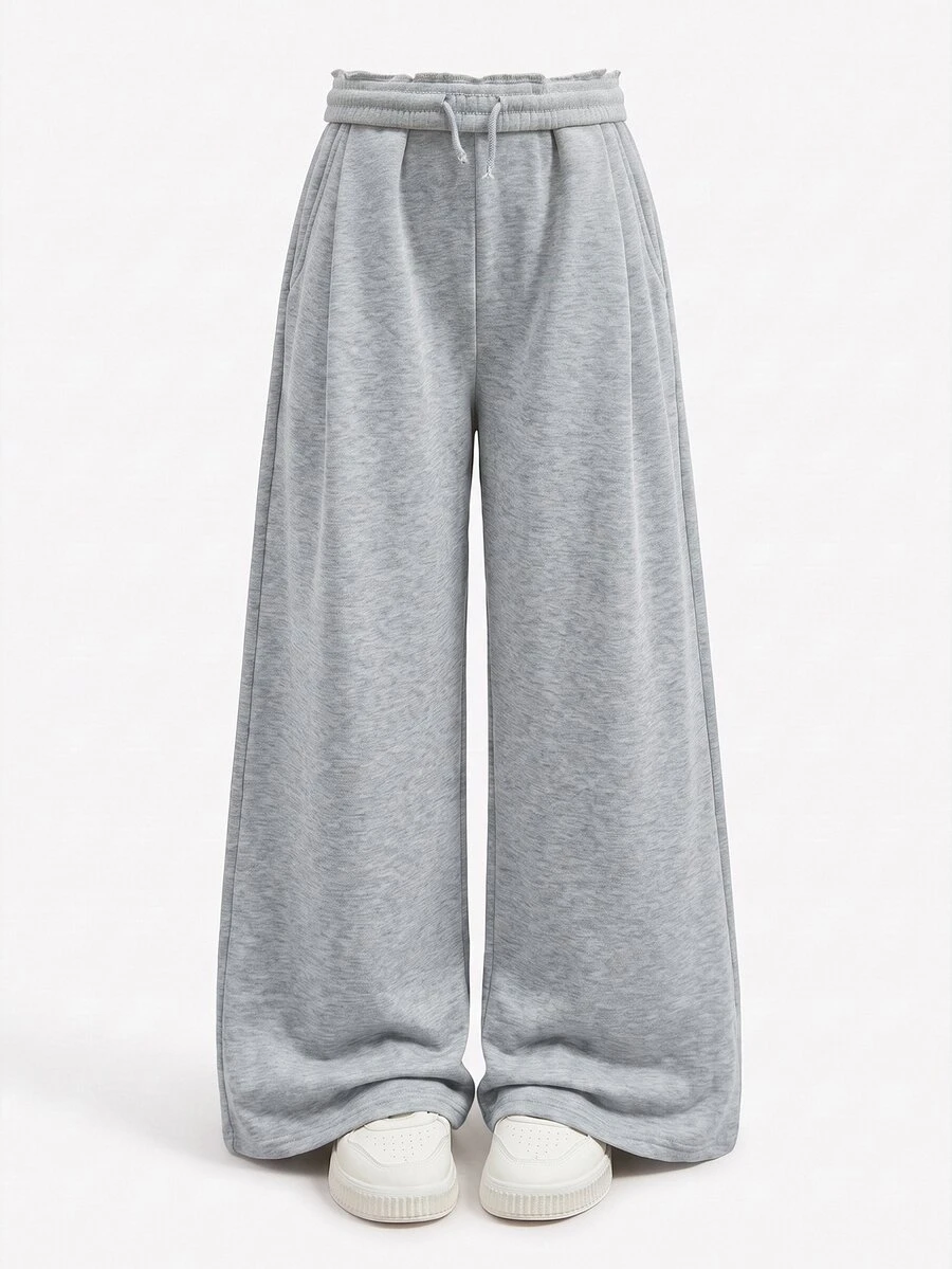 Kids Tween Girl Knitted Light Gray Loose Casual Versatile Drawstring Pocket Wide Leg Sweatpants - Multicolor - View 1