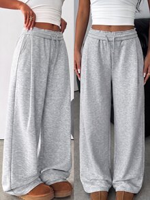 Kids Tween Girl Knitted Light Gray Loose Casual Versatile Drawstring Pocket Wide Leg Sweatpants - Multicolor - View 4
