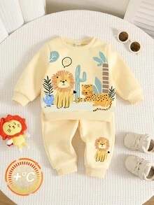 SHEIN 中性嬰兒男/女童 2件組秋冬保暖內裡加厚休閒可愛動物圖案黃色運動衫套裝 嬰兒冬季穿搭套裝聖誕 - 黃色 - 查看 3