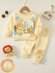 SHEIN 中性嬰兒男/女童 2件組秋冬保暖內裡加厚休閒可愛動物圖案黃色運動衫套裝 嬰兒冬季穿搭套裝聖誕 - 黃色 - 查看 1