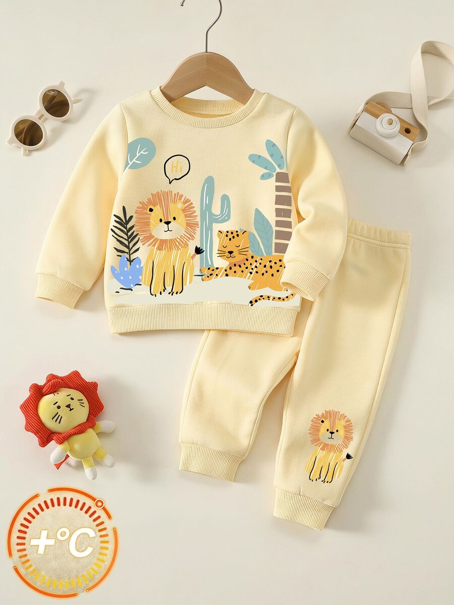 SHEIN 中性嬰兒男/女童 2件組秋冬保暖內裡加厚休閒可愛動物圖案黃色運動衫套裝 嬰兒冬季穿搭套裝聖誕 - 黃色 - 查看 1