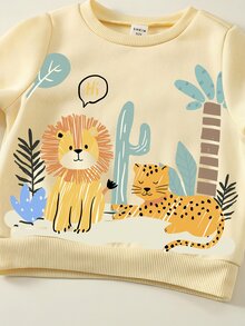 SHEIN 中性嬰兒男/女童 2件組秋冬保暖內裡加厚休閒可愛動物圖案黃色運動衫套裝 嬰兒冬季穿搭套裝聖誕 - 黃色 - 查看 4