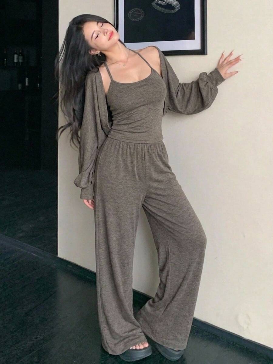 DAZY Women's 2 Pieces Casual Lounge & Streetwear Set, Spring/Autumn Camisole Cardigan T-Shirt Jacket With Grey Straight Leg Loose Pants, Sporty Home & Vacation Outfit - Dark Grey - View 1