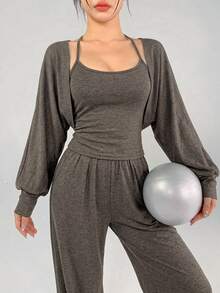 DAZY Women's 2 Pieces Casual Lounge & Streetwear Set, Spring/Autumn Camisole Cardigan T-Shirt Jacket With Grey Straight Leg Loose Pants, Sporty Home & Vacation Outfit - Dark Grey - View 7
