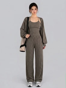 DAZY Women's 2 Pieces Casual Lounge & Streetwear Set, Spring/Autumn Camisole Cardigan T-Shirt Jacket With Grey Straight Leg Loose Pants, Sporty Home & Vacation Outfit - Dark Grey - View 6