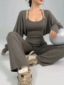 DAZY Women's 2 Pieces Casual Lounge & Streetwear Set, Spring/Autumn Camisole Cardigan T-Shirt Jacket With Grey Straight Leg Loose Pants, Sporty Home & Vacation Outfit - Dark Grey - View 3