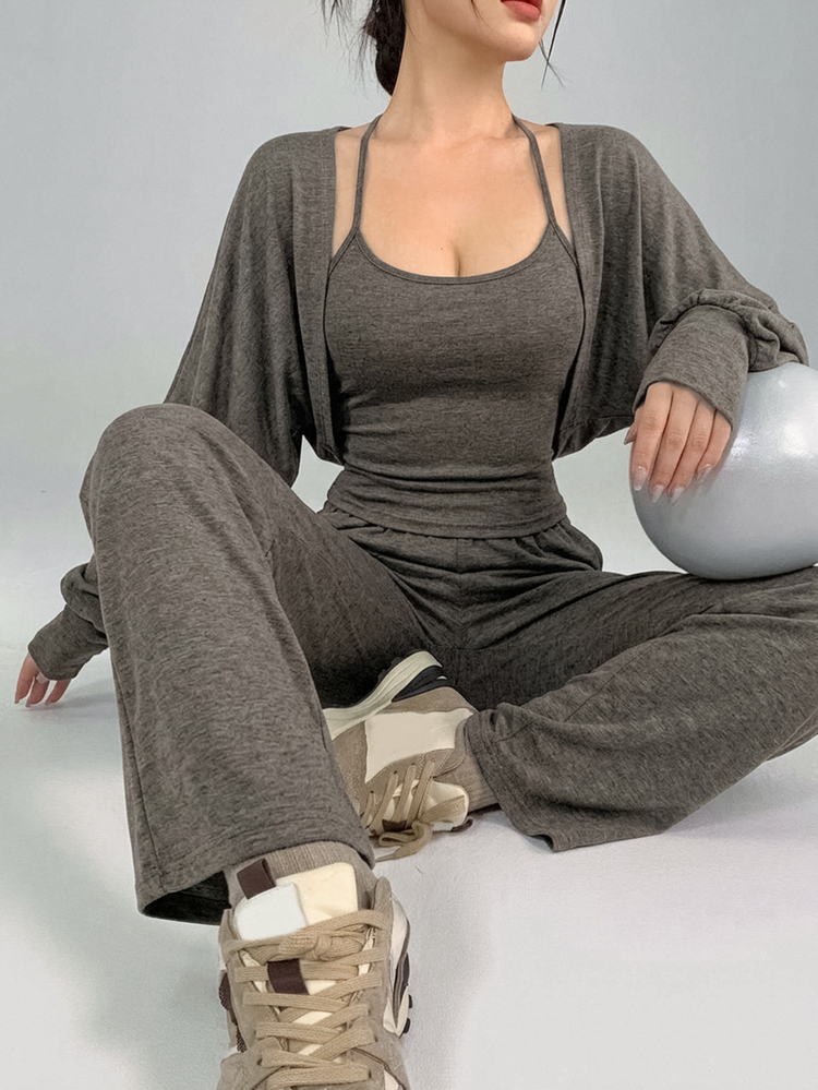DAZY 女款 2 件式休閒居家與街頭風套裝，春秋款細肩帶背心開襟外套 T 恤夾克搭配灰色直筒寬鬆長褲，運動風居家度假穿搭 - 深灰色 - 查看 3