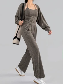 DAZY Women's 2 Pieces Casual Lounge & Streetwear Set, Spring/Autumn Camisole Cardigan T-Shirt Jacket With Grey Straight Leg Loose Pants, Sporty Home & Vacation Outfit - Dark Grey - View 5