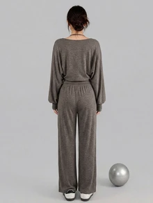 DAZY Women's 2 Pieces Casual Lounge & Streetwear Set, Spring/Autumn Camisole Cardigan T-Shirt Jacket With Grey Straight Leg Loose Pants, Sporty Home & Vacation Outfit - Dark Grey - View 4