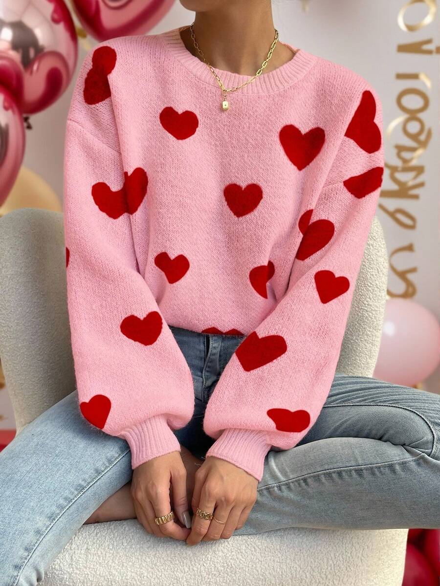 EMERY ROSE 極簡可愛時尚休閒長袖針織套頭毛衣，日常情人節穿搭秋季生日粉色毛衣 - 粉色 - 查看 1