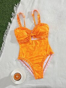 Swim Vcay 夏季度假性感前中镂空荷叶边细肩带女士连体泳衣 - 橘色 - 查看 6