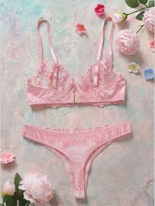 SHEIN 2 件浪漫粉色女士钢圈文胸和内裤套装，性感内衣 - 粉色 - 查看 8