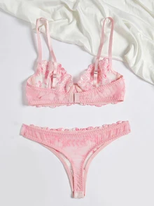 SHEIN 2 件浪漫粉色女士钢圈文胸和内裤套装，性感内衣 - 粉色 - 查看 4