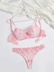 SHEIN 2 件浪漫粉色女士钢圈文胸和内裤套装，性感内衣 - 粉色 - 查看 5