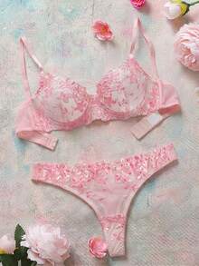 SHEIN 2 件浪漫粉色女士钢圈文胸和内裤套装，性感内衣 - 粉色 - 查看 7