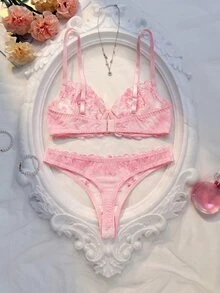 SHEIN 2 件浪漫粉色女士钢圈文胸和内裤套装，性感内衣 - 粉色 - 查看 2