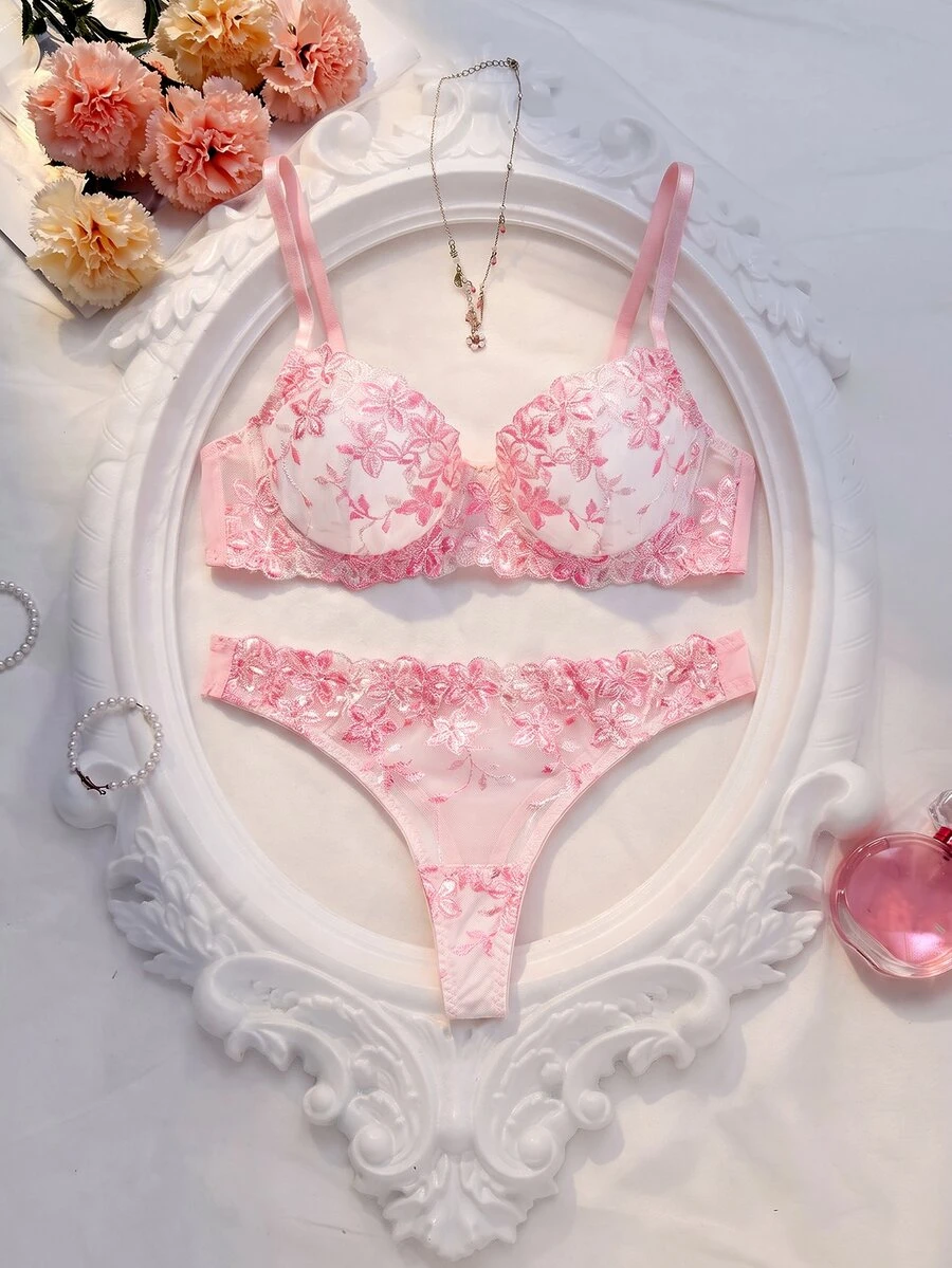 SHEIN 2 件浪漫粉色女士钢圈文胸和内裤套装,性感内衣 - 粉色 - 查看 1