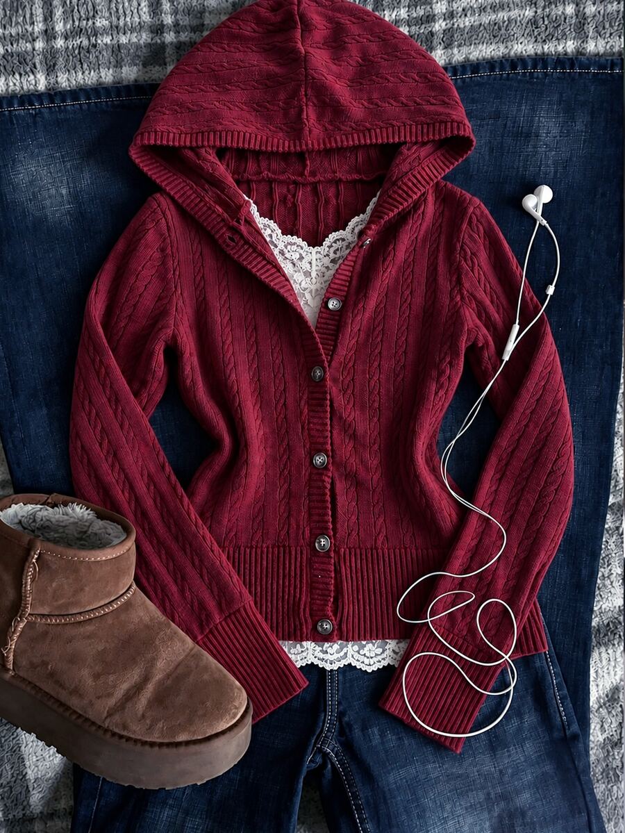 IslaSuriya Autumn Casual Front Button Hooded Jacket - Burgundy - View 1