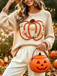Selamara Women's 3D Floral Decor Round Neck Drop Shoulder Long Sleeve Sweater - Apricot - View 3