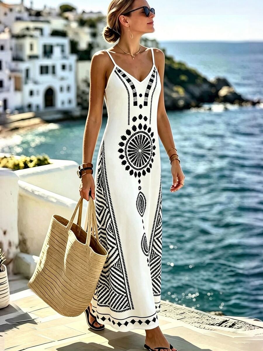 Selamara Women's Vacation Geometric Print Spaghetti Strap Dress - Multicolor - View 1