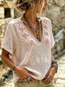 Selamara Women's Fashion Graphic Print Short Sleeve Top - Pink - View 4