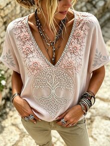 Selamara Women's Fashion Graphic Print Short Sleeve Top - Pink - View 5