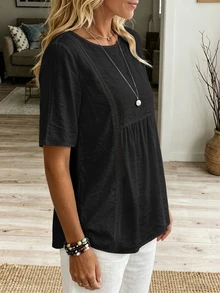Selamara Vacation Style Casual Hollow Out White Blouse With Mid-Sleeves - Black - View 5