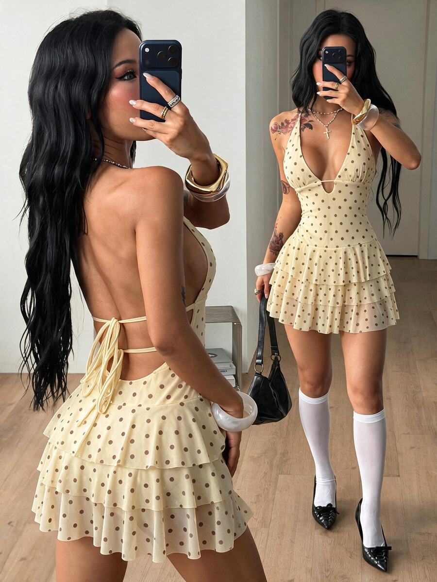 Coolane Women's Polka Dot Print Deep V-Neck Ruffle Hem Sexy Halter Mini Dress - Yellow - View 1
