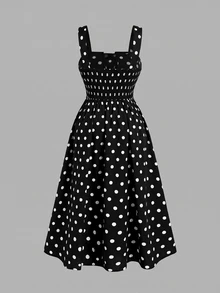 SHEIN MOD Plus Size French Polka Dot Print Dress, Vintage Vacation Style - Black - View 2