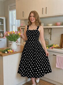 SHEIN MOD Plus Size French Polka Dot Print Dress, Vintage Vacation Style - Black - View 7