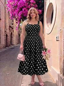 SHEIN MOD Plus Size French Polka Dot Print Dress, Vintage Vacation Style - Black - View 9