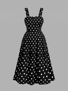 SHEIN MOD Plus Size French Polka Dot Print Dress, Vintage Vacation Style - Black - View 3