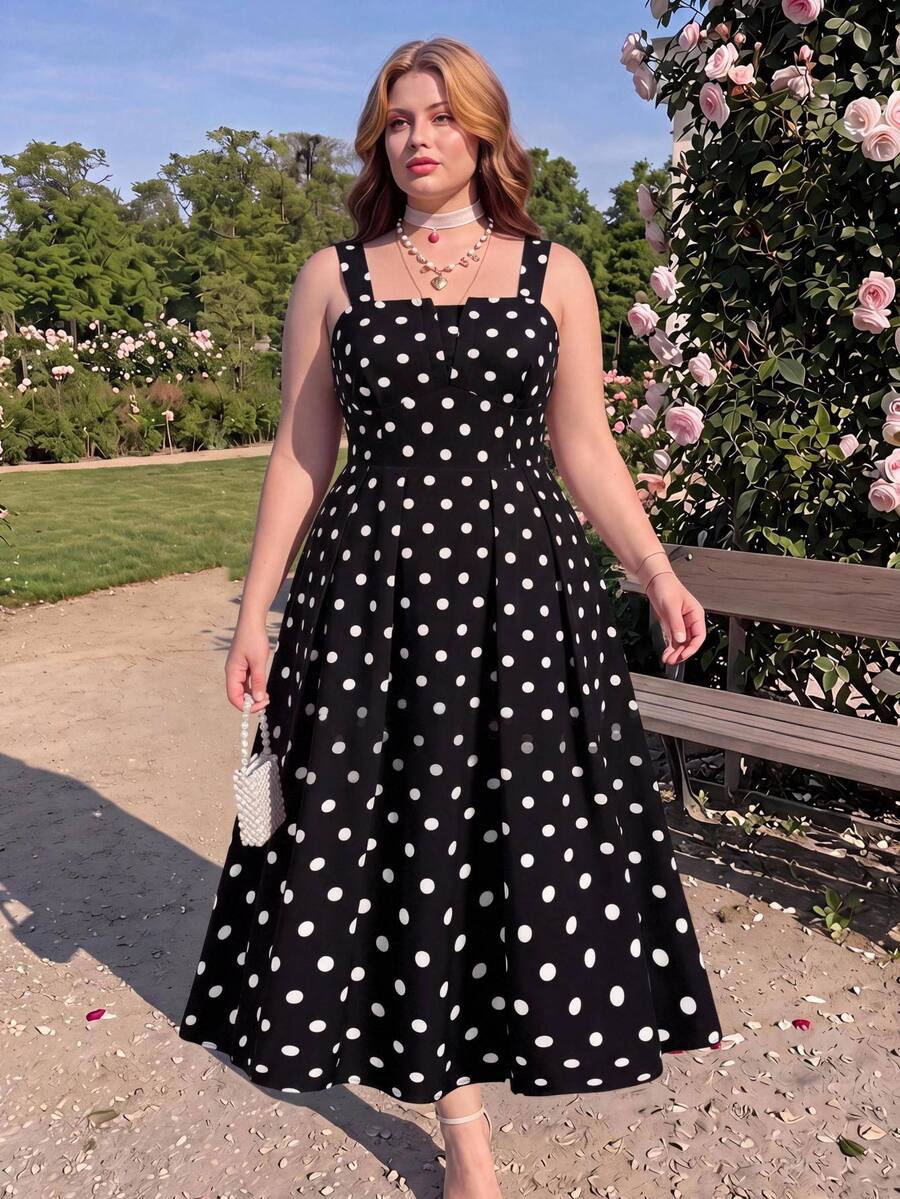 SHEIN MOD Plus Size French Polka Dot Print Dress, Vintage Vacation Style - Black - View 1