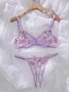 Crystal Vow 2 件套女士网眼刺绣内衣套装 - 淡紫色 - 查看 4