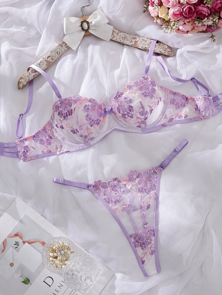 2pcs/Set Women Mesh Embroidered Lingerie Set - Mauve Purple - View 3