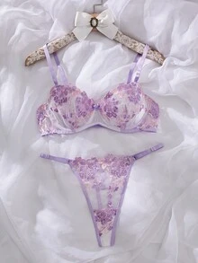 Crystal Vow 2 件套女士网眼刺绣内衣套装 - 淡紫色 - 查看 6