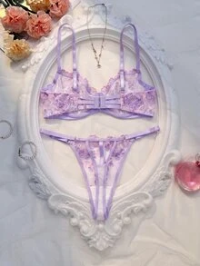 Crystal Vow 2 件套女士网眼刺绣内衣套装 - 淡紫色 - 查看 2