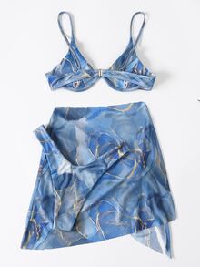 SHEIN Swim Summer Beach 3packs Marble Print Underwire Bikini & Beach Skirt - Multicolor - View 5