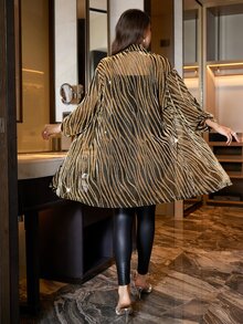 Reflora Plus Size Women's Zebra Print Rolled Sleeve Single-Breasted Long Fashion Shirt - Gold - View 3