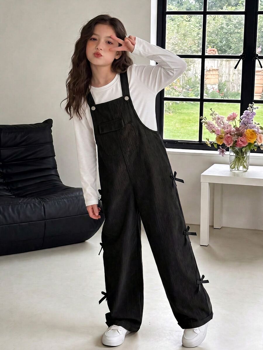 Girls' Jumpsuit, Fleece, Fall Clothes, Fall, All-Season New Style, Fashion Casual, Black, Decorated With Black Bowknot Autumn Winter - Black - View 1