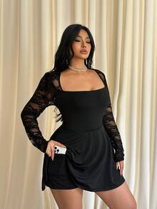 GalTyme Plus Size Solid Color Lace Patchwork Romper Fall - Black - View 2