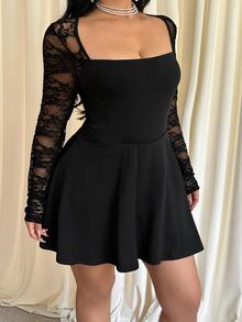 GalTyme Plus Size Solid Color Lace Patchwork Romper Fall - Black - View 5