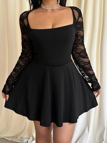 GalTyme Plus Size Solid Color Lace Patchwork Romper Fall - Black - View 1
