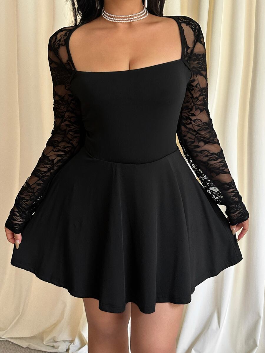 GalTyme Plus Size Solid Color Lace Patchwork Romper Fall - Black - View 1