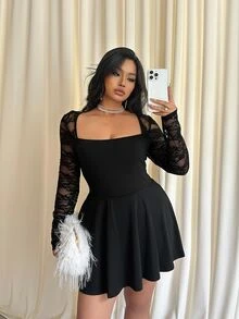 GalTyme Plus Size Solid Color Lace Patchwork Romper Fall - Black - View 4