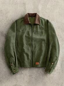 HIMLAND Men's Woven Fitted Shoulder Colorblock Patchwork Long Sleeve Casual Retro Jacket, Suitable For Autumn/Winter Hiking Hunting Olive Green, Streetwear, Corduroy - Army Green - View 3